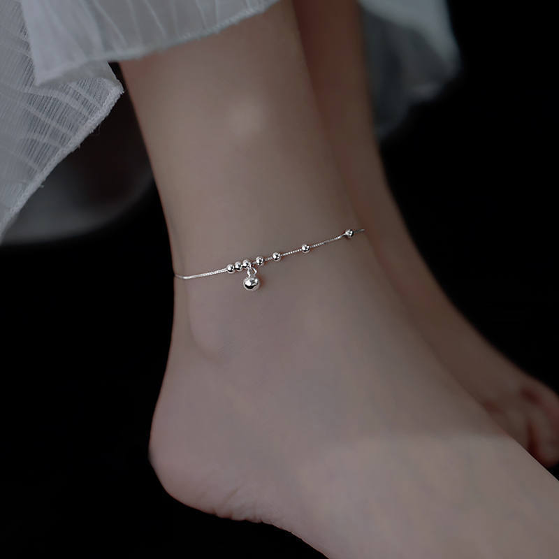 Dainty Chain Anklet Sterling Silver Beaded Ankle Bracelet with Bell Charm